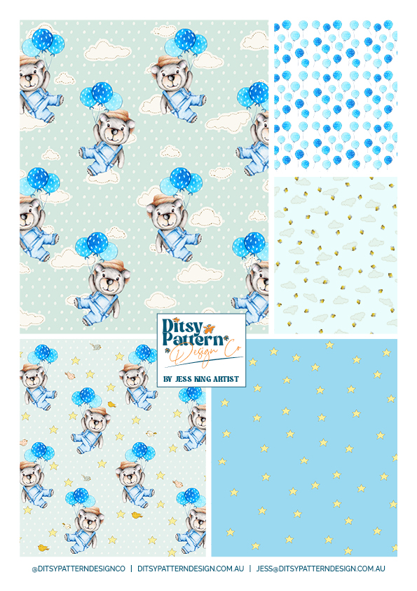 Cute bear in dungaree jean pants and a star hat floating with blue balloons. For products, wrapping, cards, wallpaper and fabric. Surface design by Ditsy Pattern Design Co - Jess King Artist