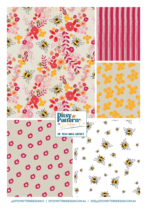 Honey bee collection of surface designs with bees and honey and flowers. For products, wrapping, cards, wallpaper and fabric. Surface design by Ditsy Pattern Design Co - Jess King Artist