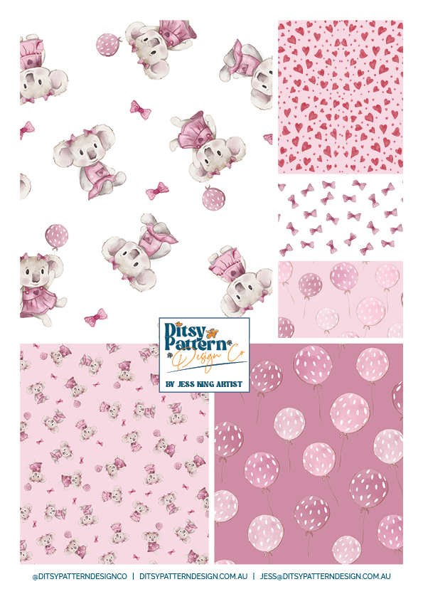 Cute Koala Girl in a pretty pink dress in multiple poses and coordinates. For products, wrapping, cards, wallpaper and fabric. Surface design by Ditsy Pattern Design Co - Jess King Artist