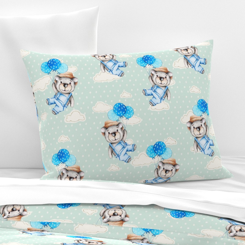 Benny the bear and balloons illustration by Jess king Artist pattern design for kids wear and nursery decor at Ditsy Pattern Design Co
