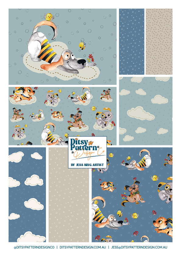 Puppy Playtime 1 - hand drawn puppies and dogs in neutral colours for products, wrapping, cards, wallpaper and fabric. Surface design by Ditsy Pattern Design Co - Jess King Artist